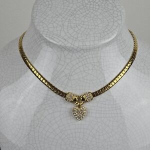 Vintage Swarovski Gold Tone Snake Chain Heart Pendant Necklace Crystal Pavé Swan